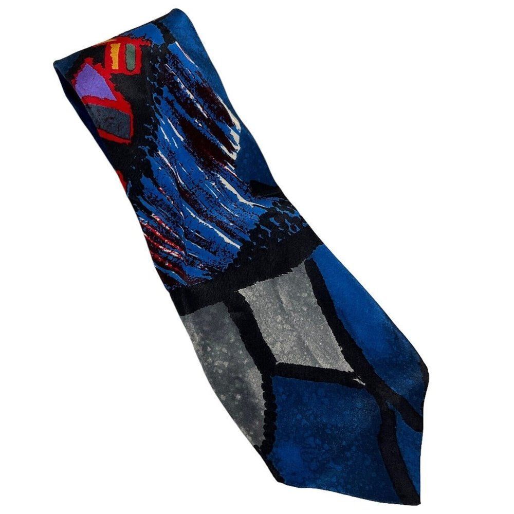 Vintage Dilena Red Blue Handmade Italian Silk Necktie Tie Abstract Artsy